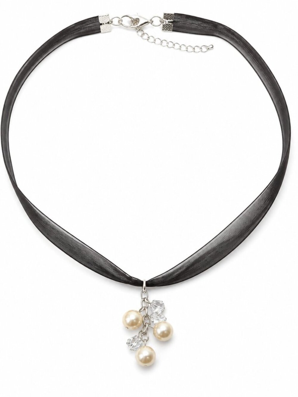 Elegant Black Tulle Necklace w/ Faux Pearls & Crystals on Sterling Silver